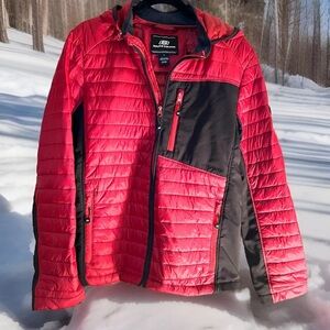 Medium Skechers Puffer Jacket. Men’s for Fall Winter. Red “Dahlia” Hood Packable